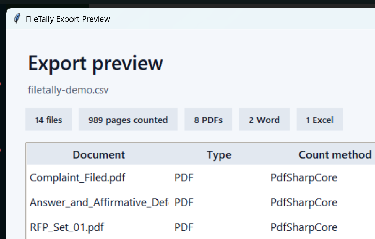 FileTally export preview pane showing scan results with page counts, file types, and file paths listed per file