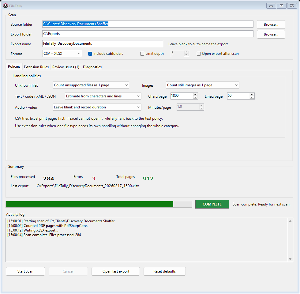 FileTally desktop app showing completed scan results.