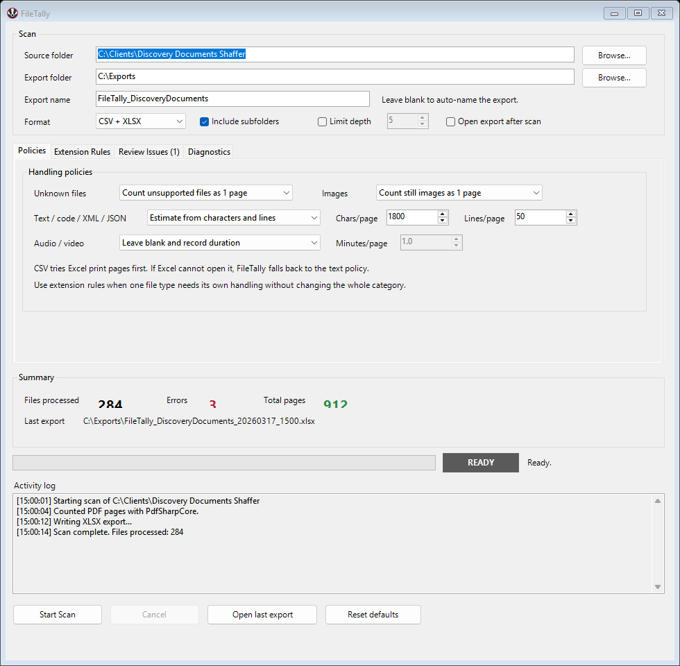 FileTally desktop app ready to scan a folder.